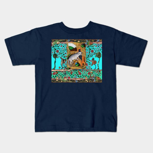 WEIRD MEDIEVAL BESTIARY MAKING MUSIC, Cat Playing Organ,Harpist Rabbit,Snail Cat in Teal Blue Kids T-Shirt by BulganLumini